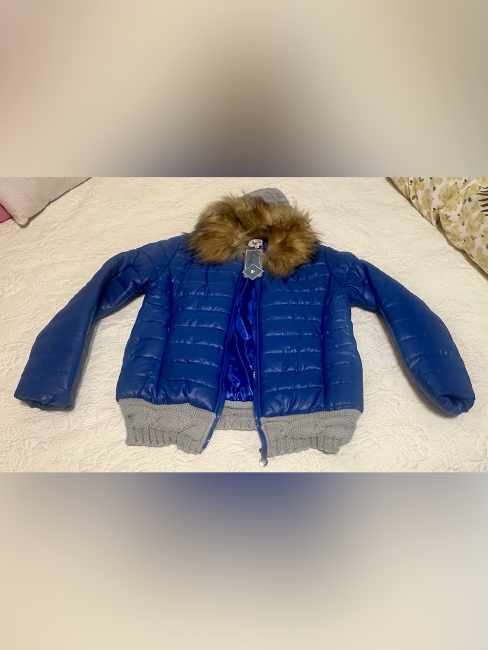 ✨NWT ✨ Military Hippie Blue Puffer Jacket Faux Fur Cable Knit Hood M/L